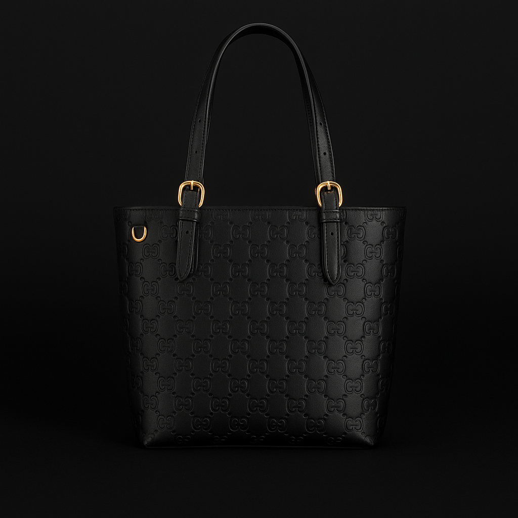 Gucci Black Leather Monogram Tote Bag