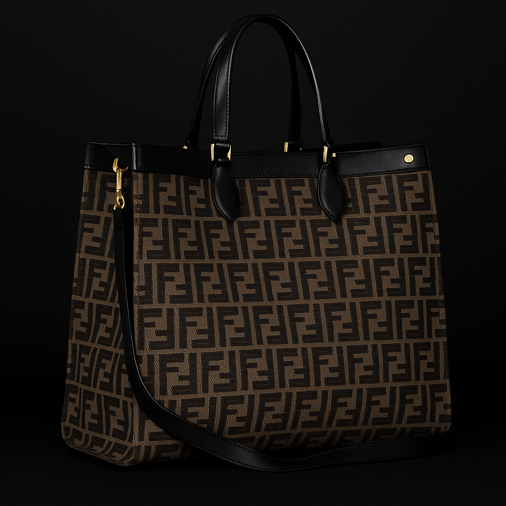 Fendi Brown FF Monogram Large Shopper Tote Bag with Black Leather Trim