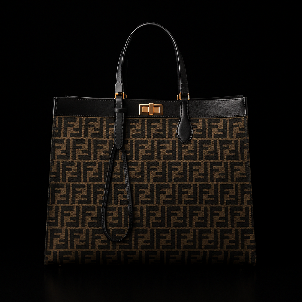 Fendi Brown FF Monogram Large Shopper Tote Bag with Black Leather Trim