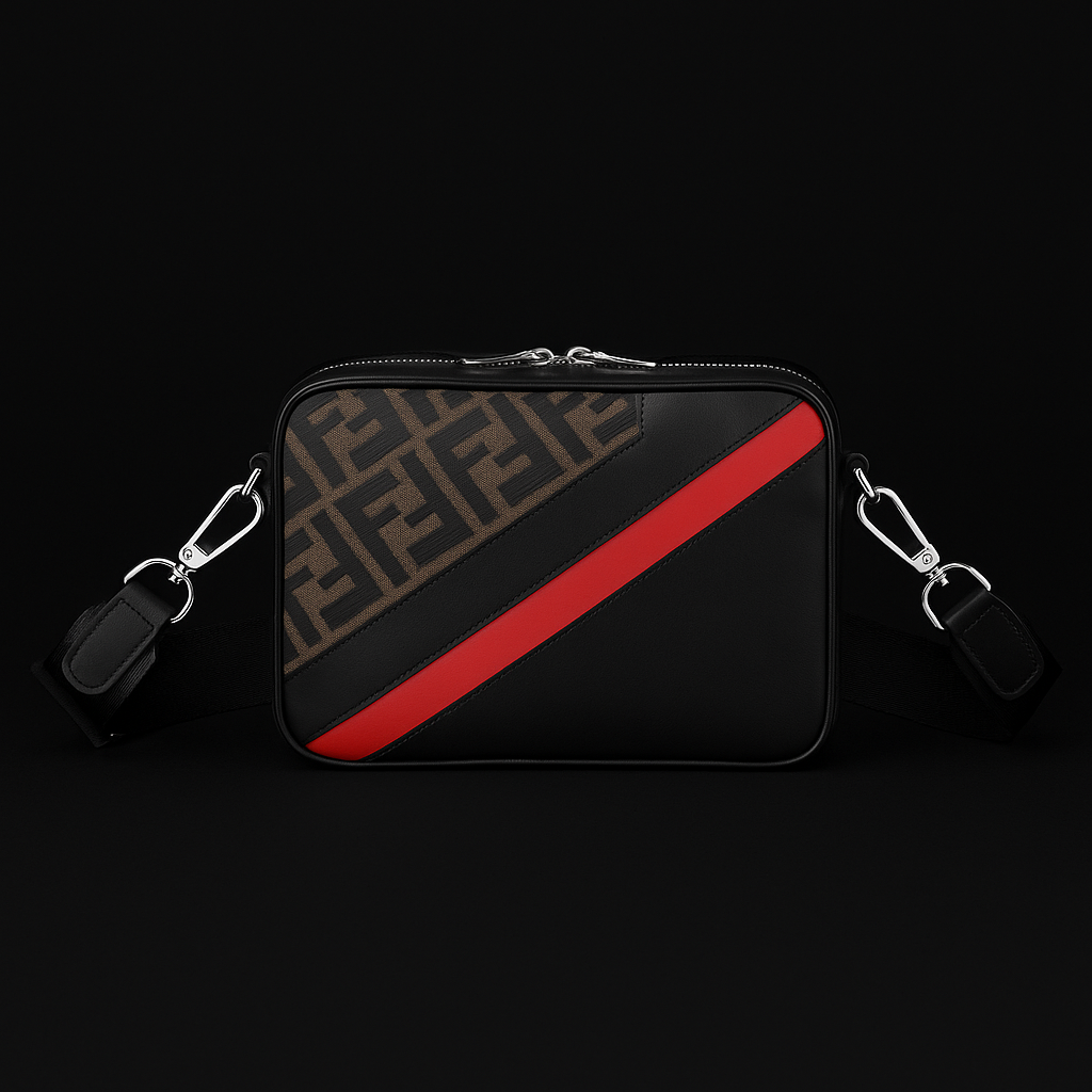 Fendi Black & Brown Monogram Crossbody Bag with Red Stripe