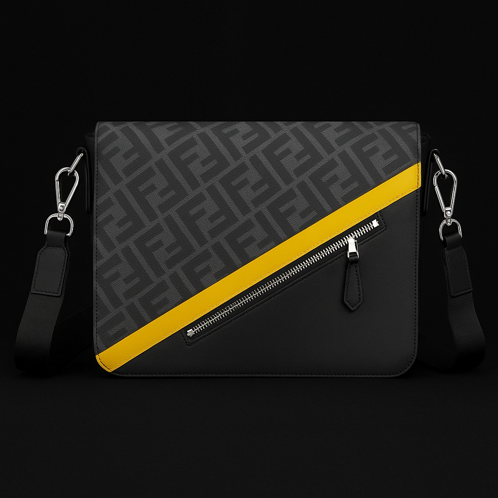 Fendi Grey Monogram Messenger Bag with Yellow Stripe