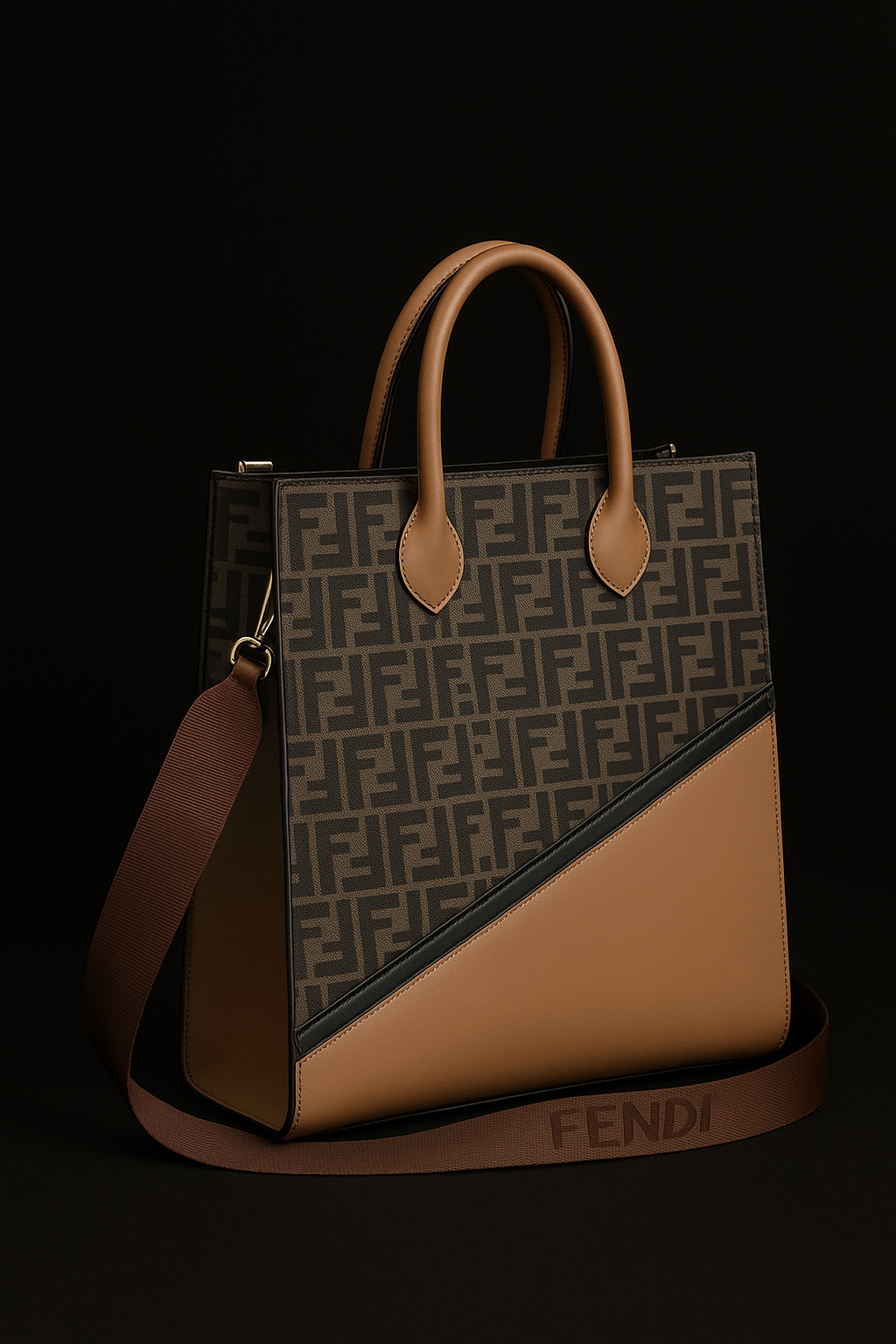 Fendi Large FF Logo Tote Bag in Brown & Tan Leather with Black Trim