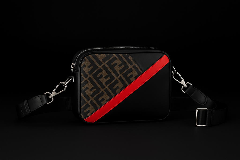 Fendi Black & Brown Monogram Crossbody Bag with Red Stripe