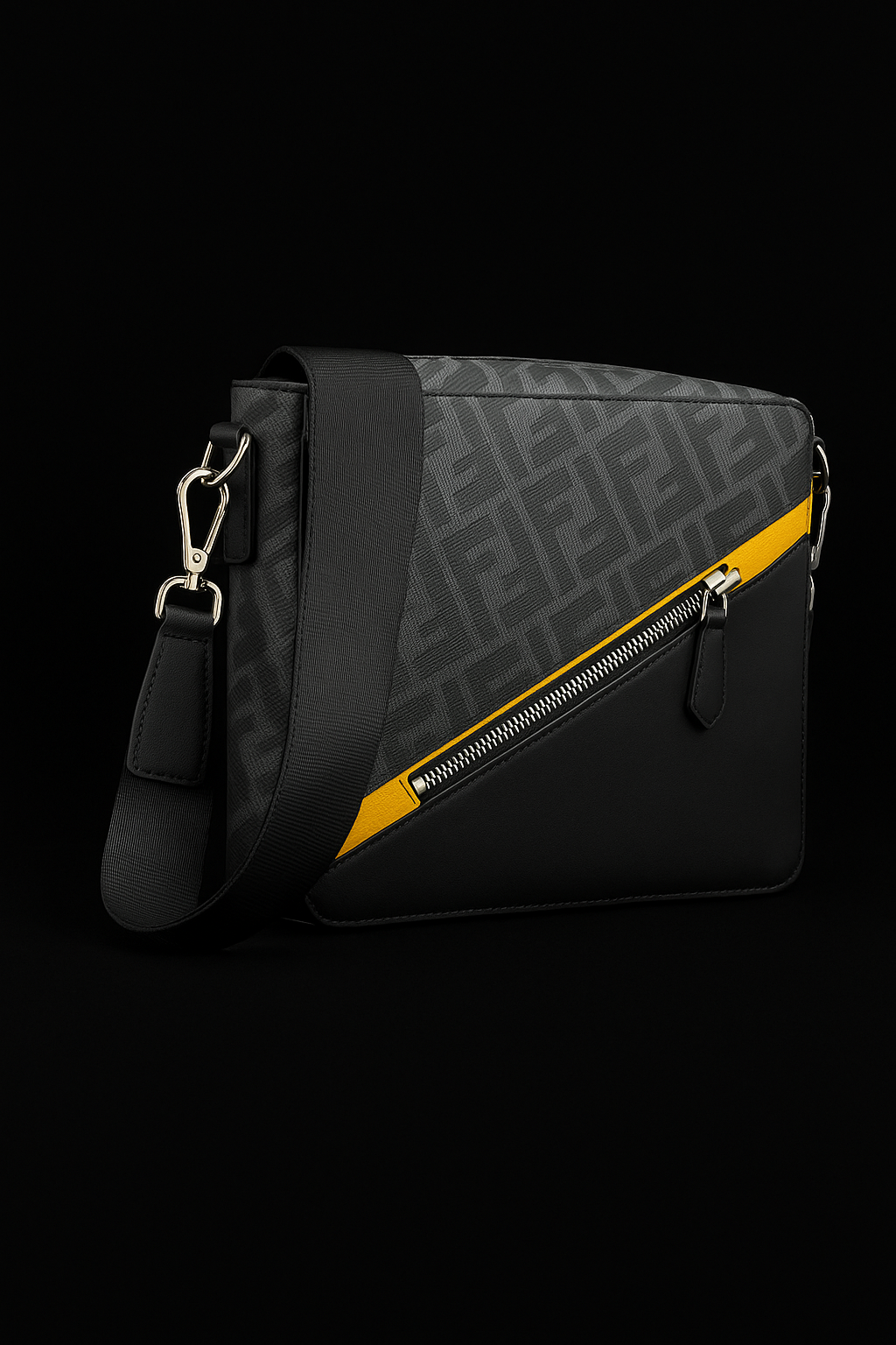 Fendi Grey Monogram Messenger Bag with Yellow Stripe