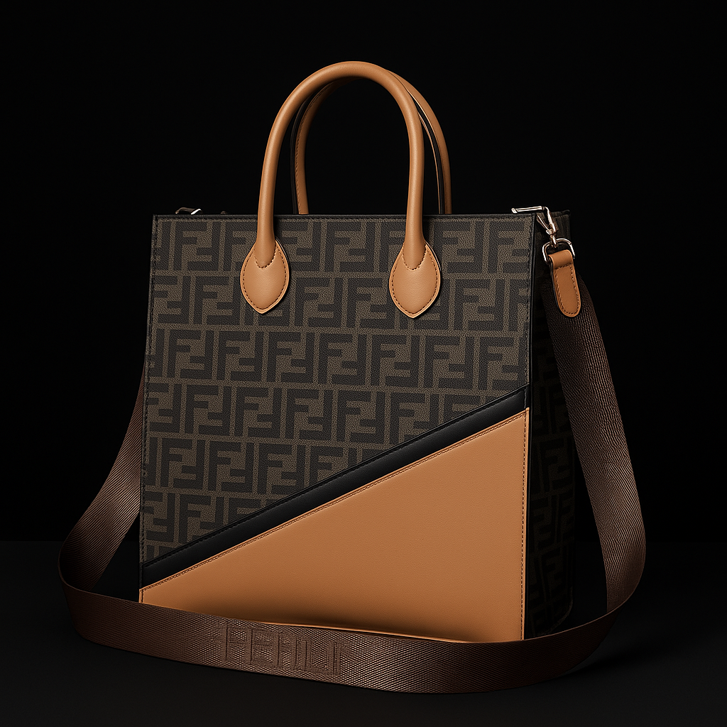 Fendi Large FF Logo Tote Bag in Brown & Tan Leather with Black Trim
