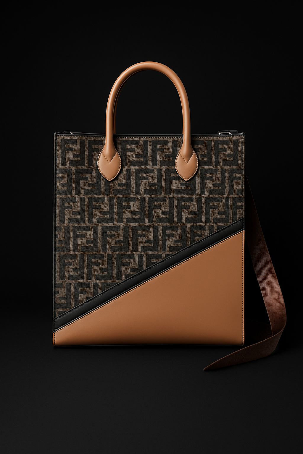 Fendi Large FF Logo Tote Bag in Brown & Tan Leather with Black Trim