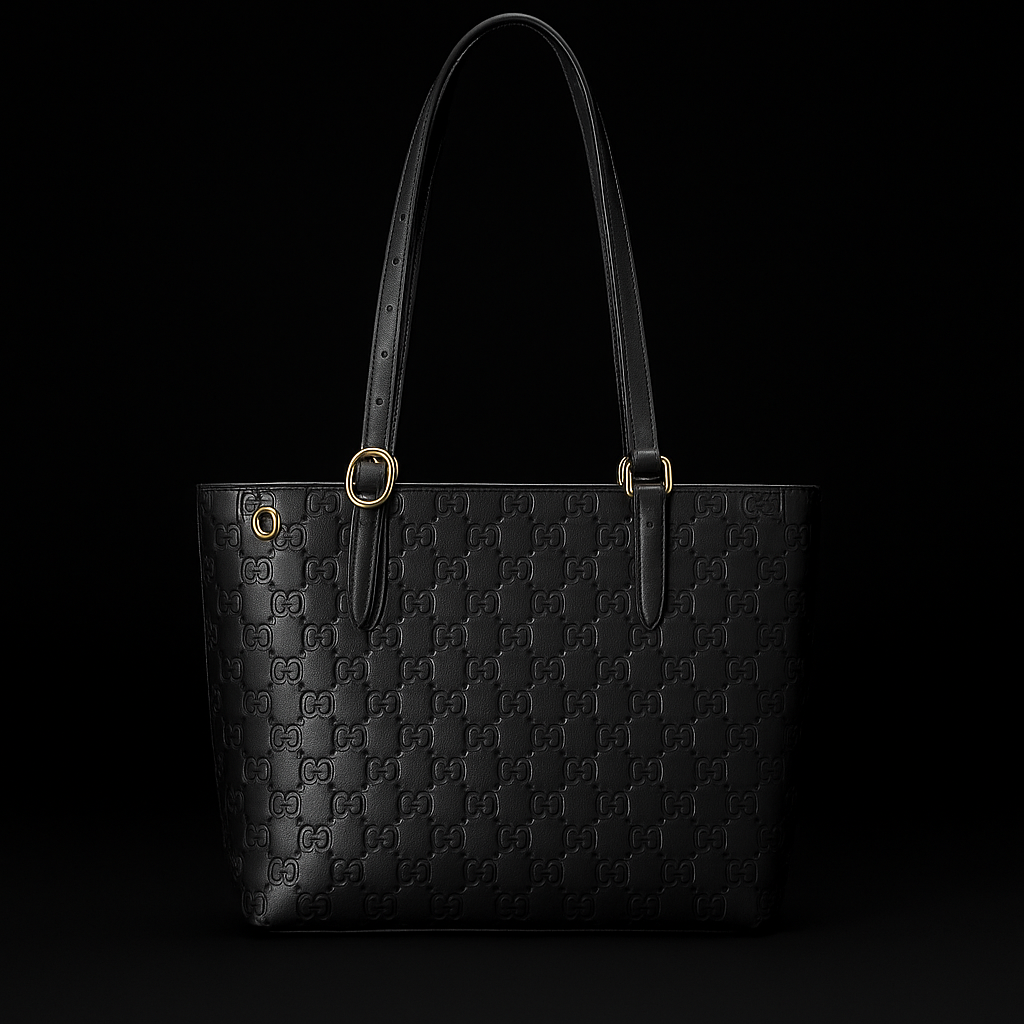 Gucci Black Leather Monogram Tote Bag