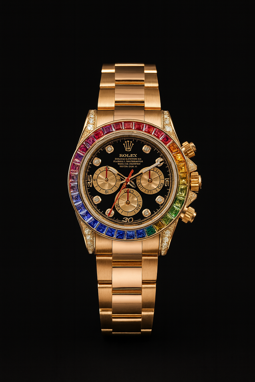 Rolex Daytona Rainbow – Black Dial, 18K Gold Case, Multicolor Gemstone Bezel, Diamond Hour Markers