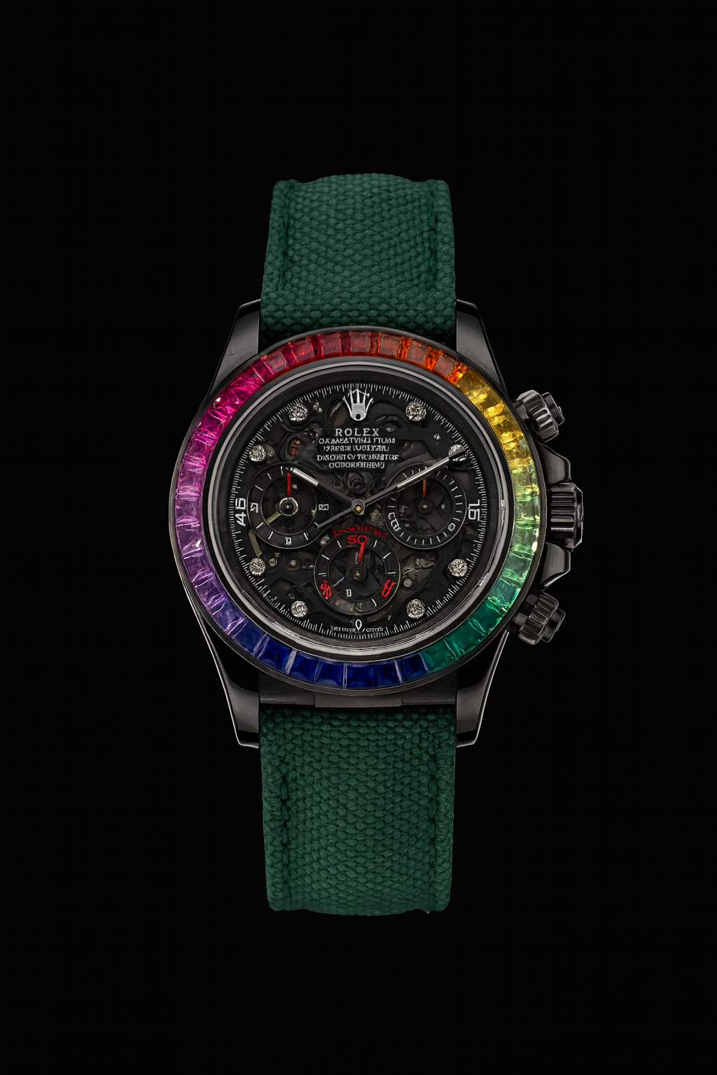 Rolex Daytona Cosmograph Rainbow Bezel Skeleton Dial – Green Strap