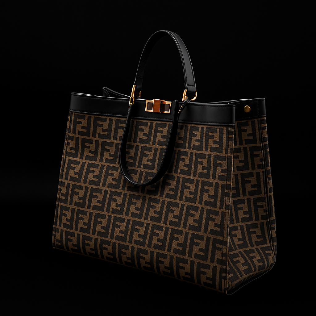 Fendi Brown FF Monogram Large Shopper Tote Bag with Black Leather Trim